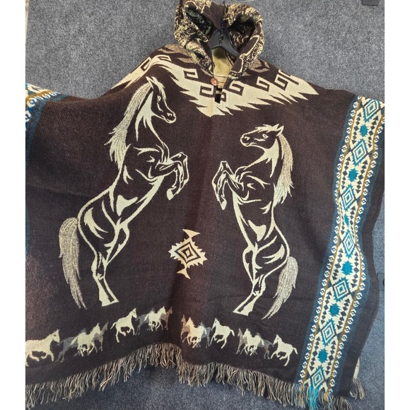 Southwestern Horse Hooded Poncho Blanket Shawl Fringe Cape Western Aztec Boho - Picture 6 of 16